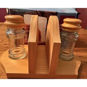 Wooden Salt & Pepper Shakers Napkin Holder Caddy Set Vintage Farmhouse Kitchen